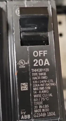 Thhqb1120 Abb Circuit Breaker 20a 120/240v Ac Analog On/off Black