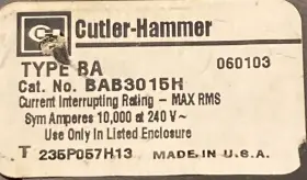 Bab3015h Cutler-hammer 15a 3p 240v Bolt-on Circuit Breaker #2