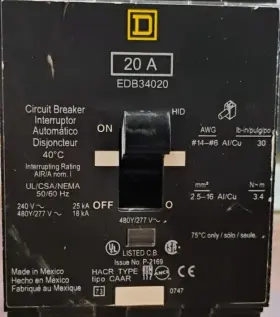 Edb34020 Square D Circuit Breaker 20 Amp 480 Volt 3-pole New No Box #3